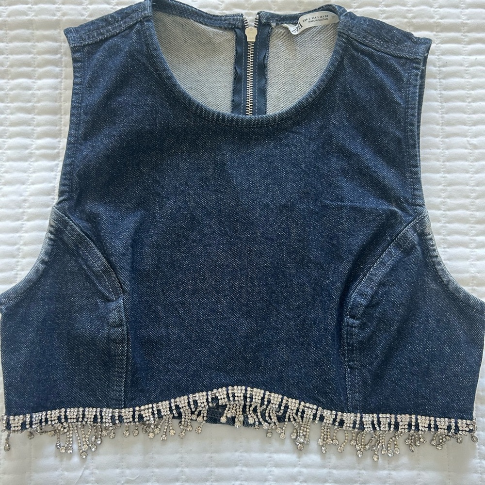 Zara Denim Rhinestone Fringed Crop Top